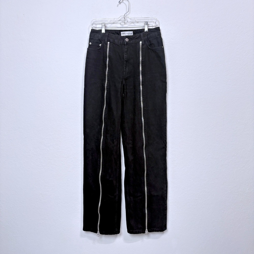 Zara High Rise Straight Leg Double Front Zipper Wide Leg‎ Jeans Black Women 4